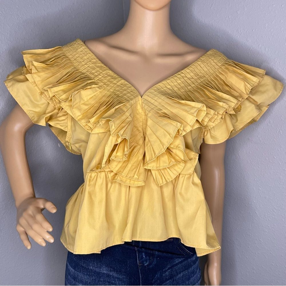 NWT Momni Pansy Pleated Ruffle Crop Blouse Mustard Yellow Size Large